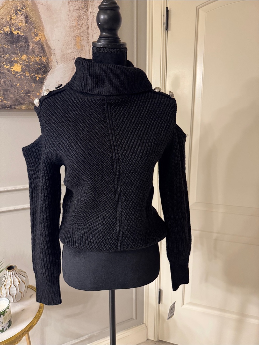 Black Cold-Shoulder Ribbed Knit Sweater with Button Detail
